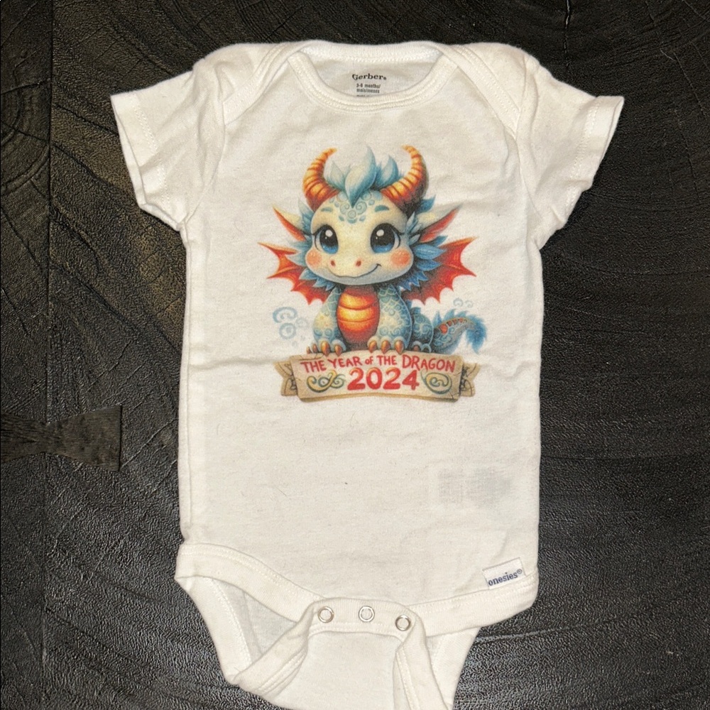 Gerber White Baby Onesie with 2024 Colorful Dragon